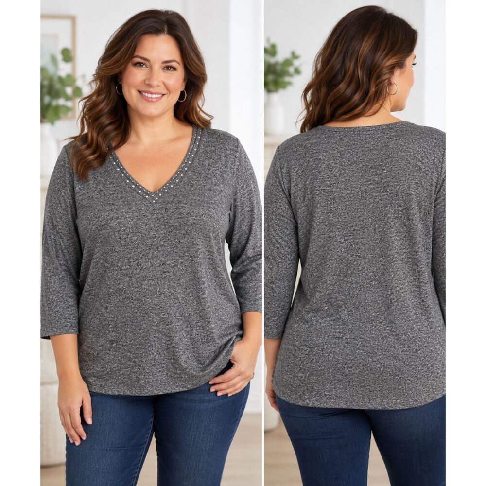 Rafaella XXL Salt & Pepper Gray Embellished V Neck 3/4 Sleeve Top NWT #20